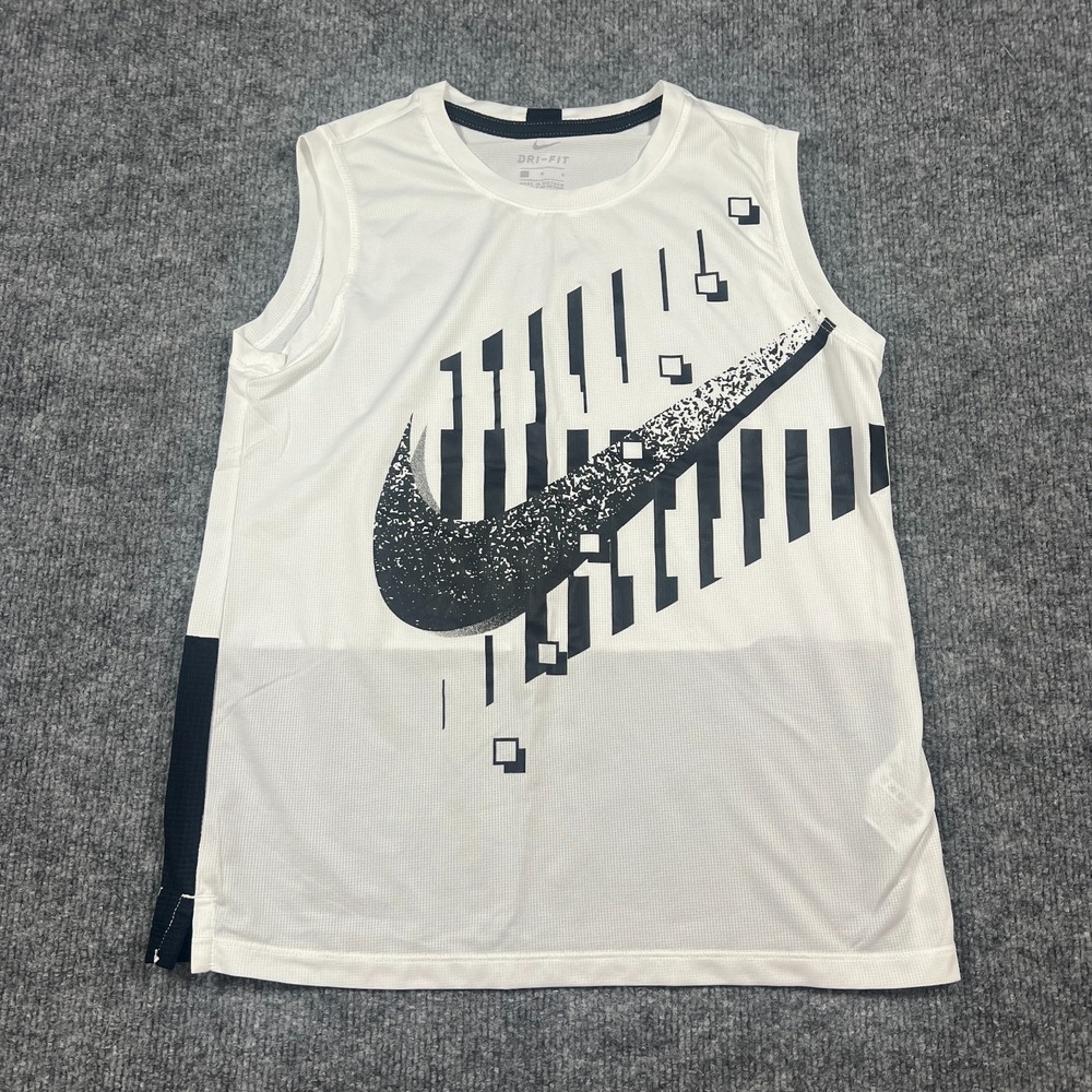 Nike Dri Fit‎ Preschool Tank Top Boys Large White Black Graphic Print Crew Neck